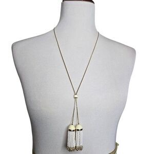 Talbots Double Adjustable Slider Tassle Chain Pendant Necklace Gold White Cream